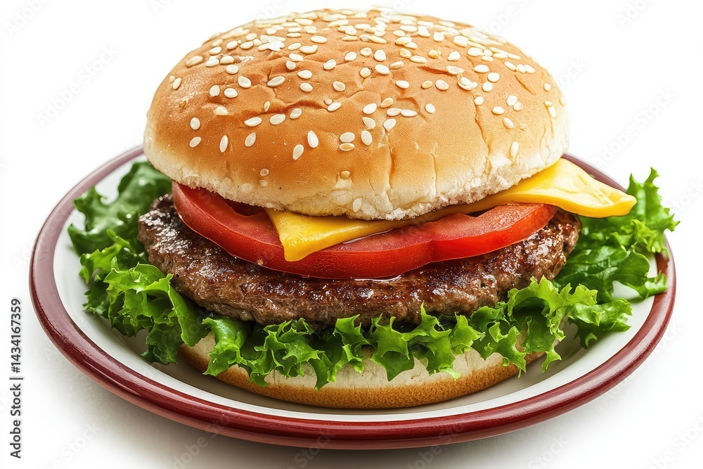 Hamburger on plate, isolated, white background. AI generated illustration. Hamburger on plate, isolated, white background. AI generated illustration.