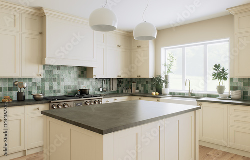 This is a stylish and modern kitchen, decorated with beautiful green accents and an open layout