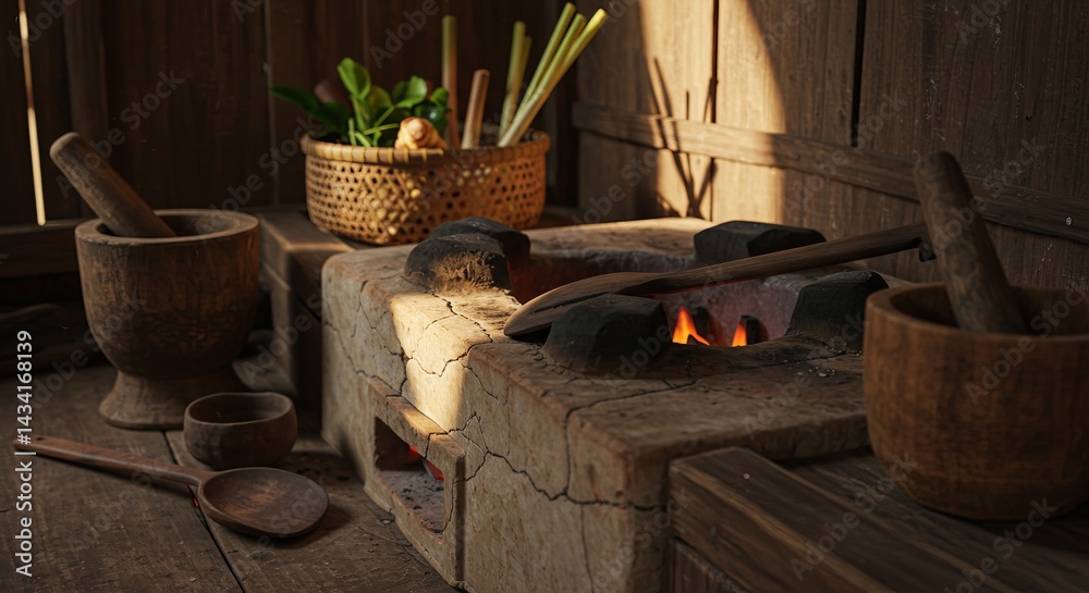 A close-up view of traditional Malaysian kampung kitchen utensils, featuring a clay stove, old pots, and wooden tools. Captures rustic heritage and rural lifestyle ambiance