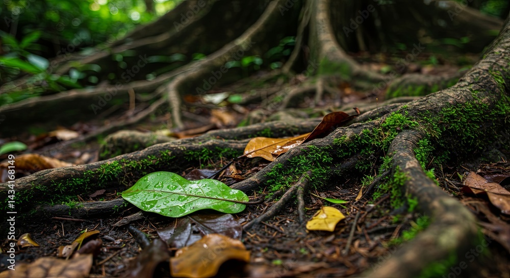Macro shot of rainforest floor in Malaysia – wet leaves, moss, and roots captured with high detail. Natural texture perfect for design use