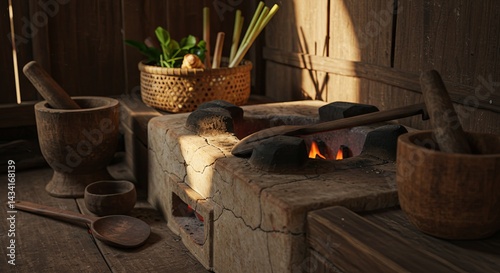 Obraz na płótnie A close-up view of traditional Malaysian kampung kitchen utensils, featuring a clay stove, old pots, and wooden tools. Captures rustic heritage and rural lifestyle ambiance w salonie