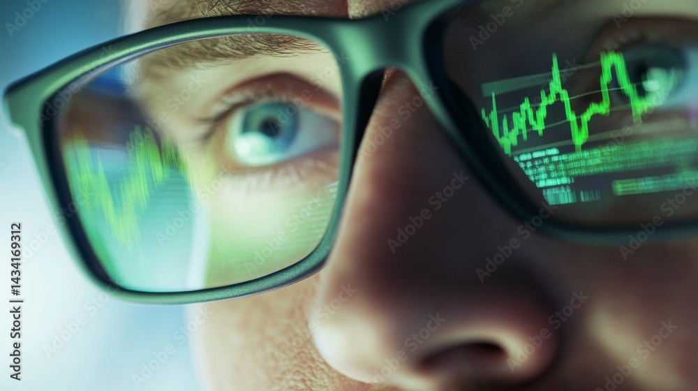 reflection of stock market charts in a man's glasses