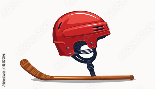 Vintage red hockey helmet with wooden stick, sports nostalgia