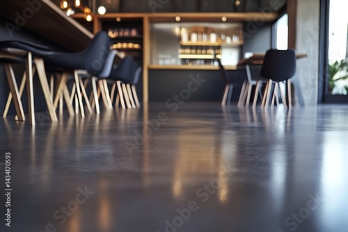 Polished concrete floor in a modern cafe interior.