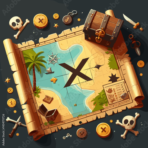 Colorful treasure map illustration featuring an "X" mark, treasure chests, and pirate-themed elements