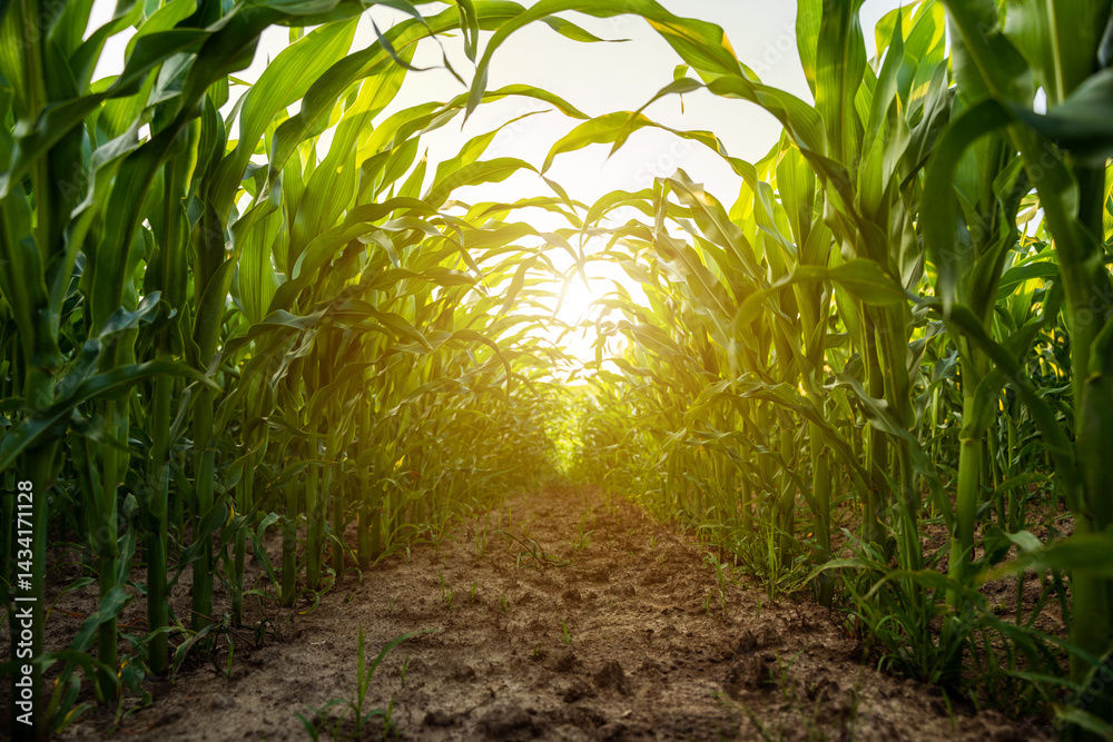 Fototapeta premium Cornfield rows captured from ground level at sunrise