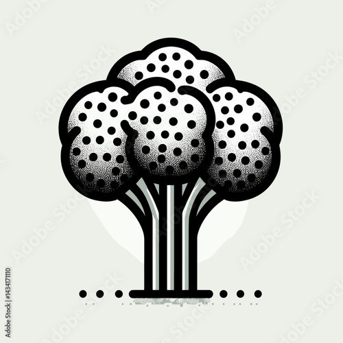 Stylized black and white broccoli illustration with dotted texture on light background and copy space