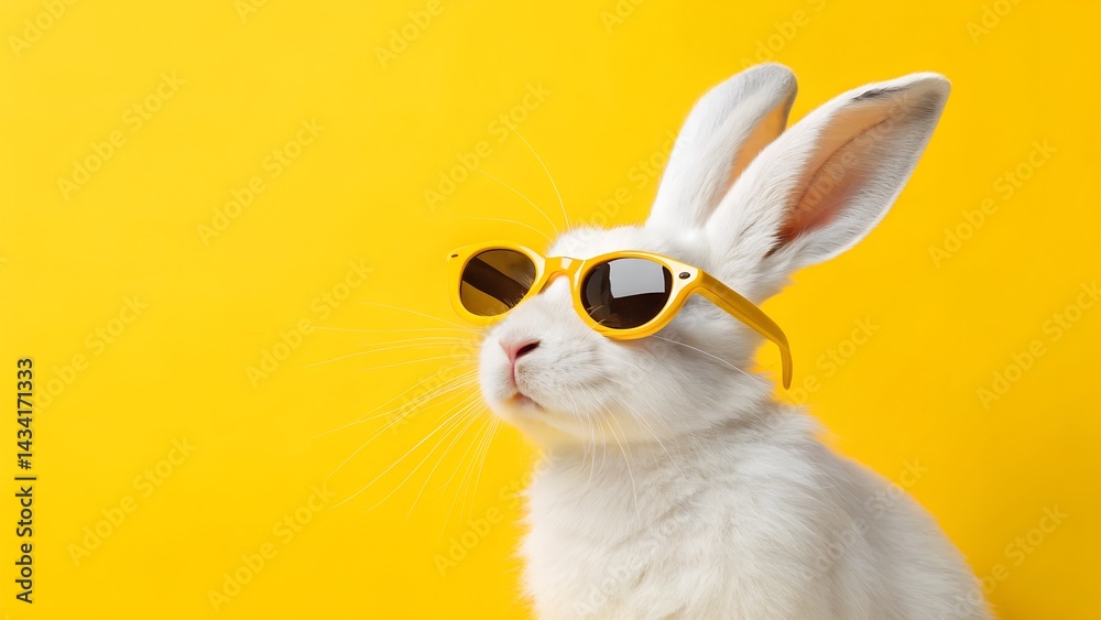 Fototapeta premium White Rabbit Wearing Yellow Sunglasses Against a Vibrant Yellow Background