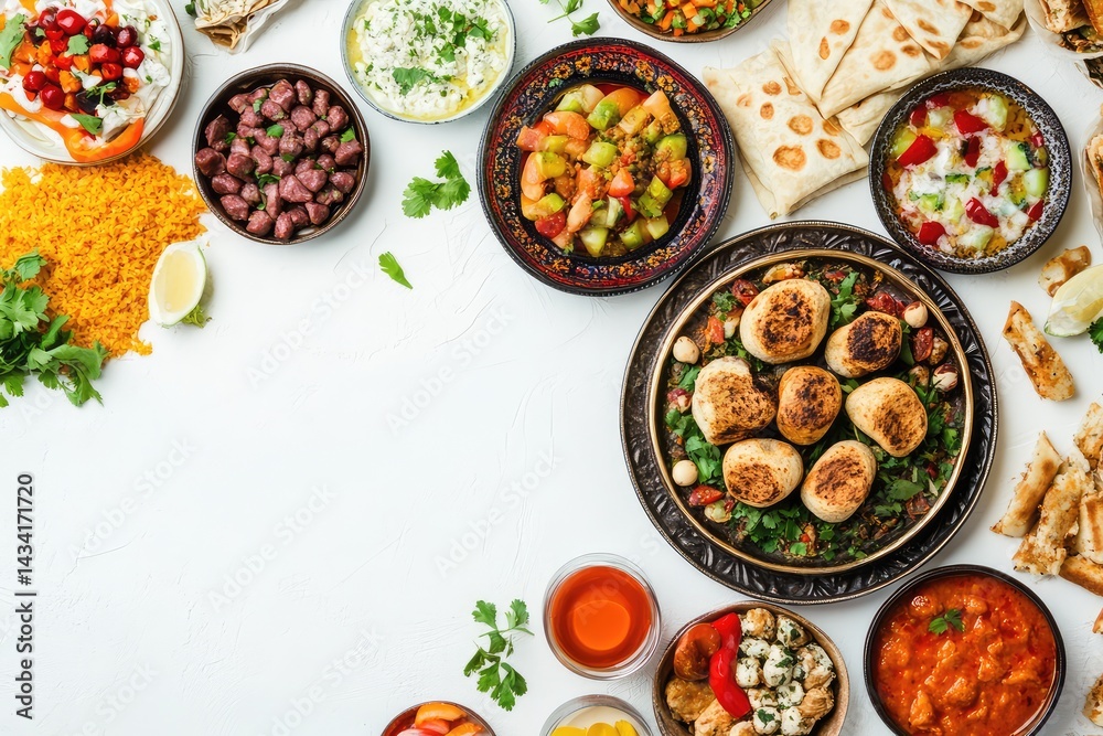 Iftar plate, white background. AI generated illustration. Iftar plate, white background. AI generated illustration.