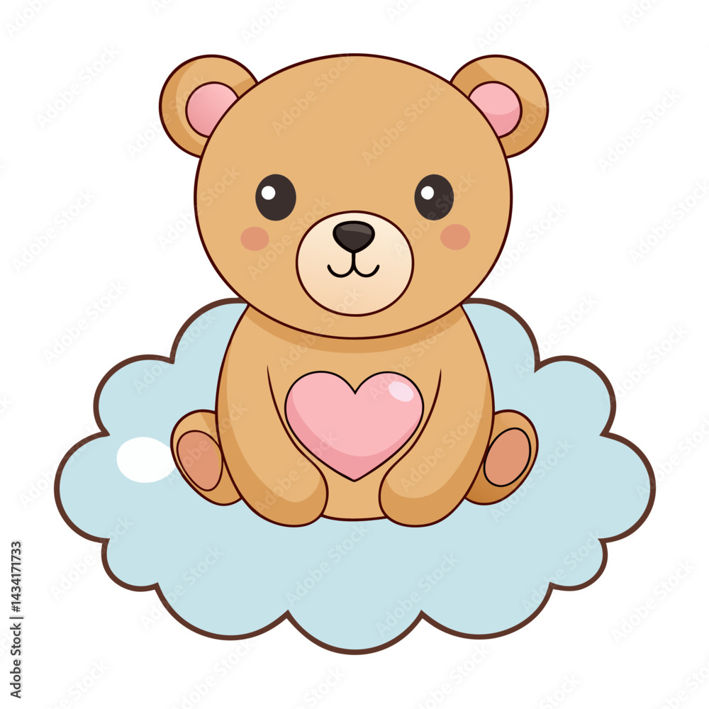 Cute Cartoon Teddy Bear Sitting on a Fluffy White Cloud Holding a Pink Heart Cute Cartoon Teddy Bear Sitting on a Fluffy White Cloud Holding a Pink Heart
