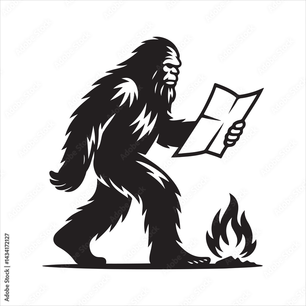 Fototapeta premium Black and white silhouette of a walking Yeti (Bigfoot) holding and reading a map next to a campfire