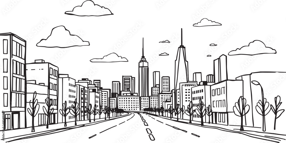 Obraz premium City landscape. Line urban backdrop. Skyline with clouds, different buildings on street, doodle street draw, outline cityscape hand sketch, flat houses. Hand drawn vector illustration