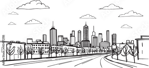 City landscape. Line urban backdrop. Skyline with clouds, different buildings on street, doodle street draw, outline cityscape hand sketch, flat houses. Hand drawn vector illustration	