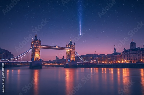 Tower bridge london shines under a starry night with a shooting star