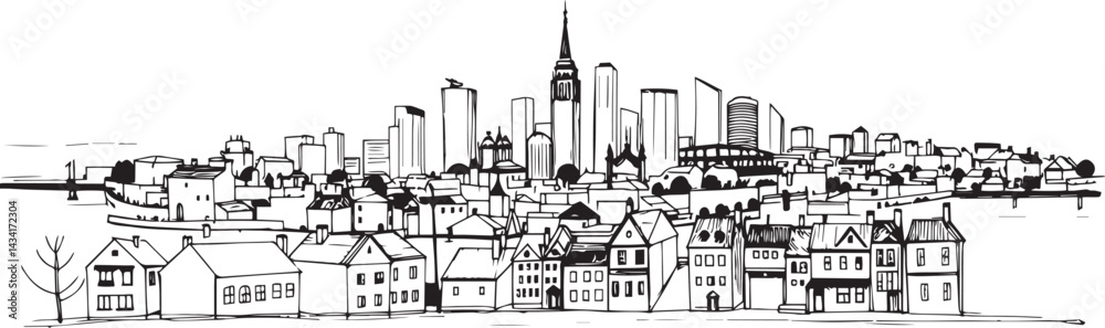 City landscape. Line urban backdrop. Skyline with clouds, different buildings on street, doodle street draw, outline cityscape hand sketch, flat houses. Hand drawn vector illustration City landscape. Line urban backdrop. Skyline with clouds, different buildings on street, doodle street draw, outline cityscape hand sketch, flat houses. Hand drawn vector illustration