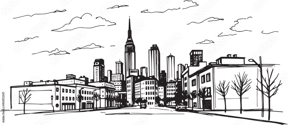 Obraz premium City landscape. Line urban backdrop. Skyline with clouds, different buildings on street, doodle street draw, outline cityscape hand sketch, flat houses. Hand drawn vector illustration 
