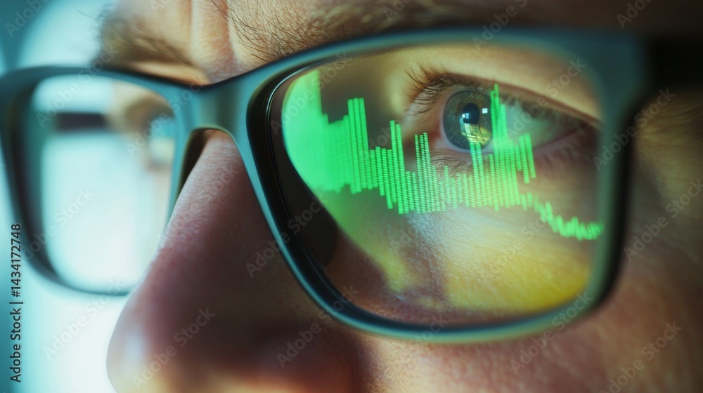 reflection of stock market charts in a man's glasses