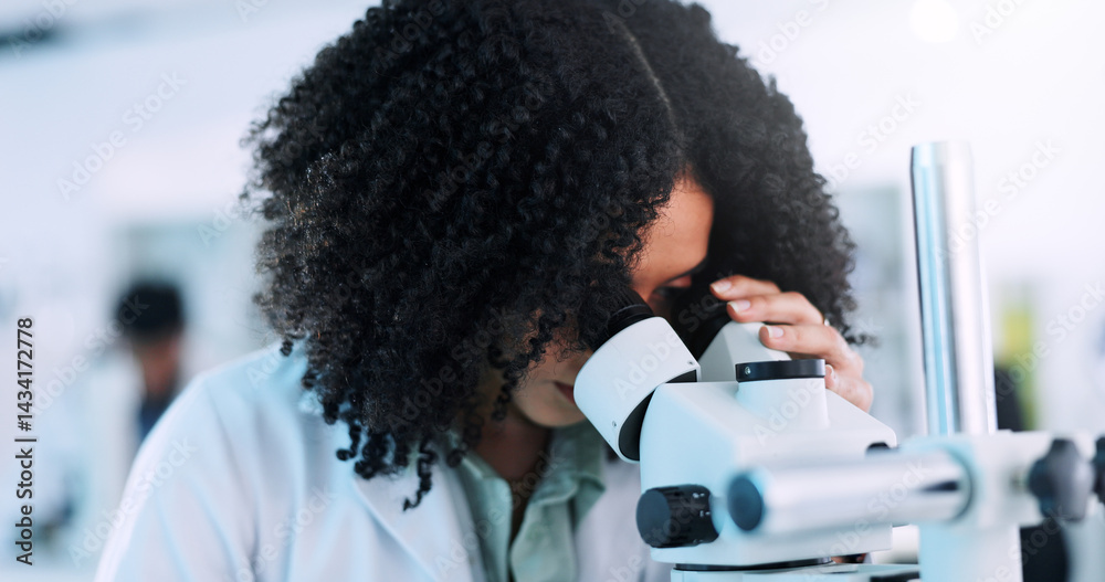 Microscope, woman and scientist in laboratory with studying cell function for RNA development. Biotech, medical research and geneticist with equipment for DNA vaccine, pharmaceutical or immunology.