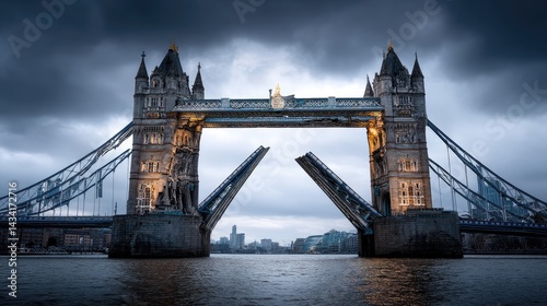 Dramatic cityscape view of a famous  bridge opening over water.