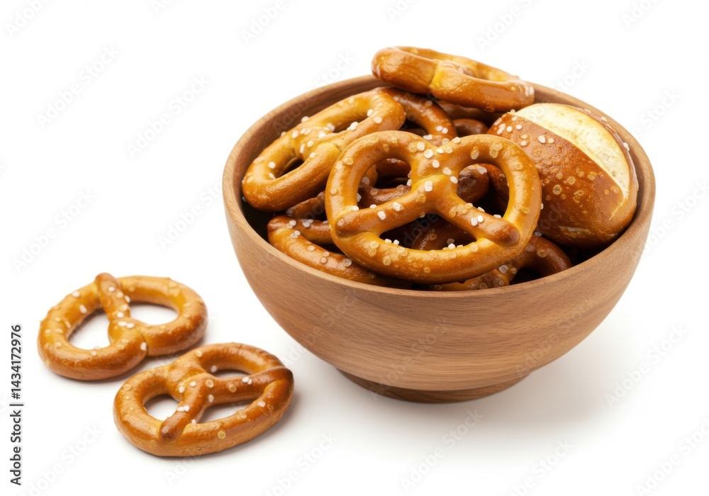 Pretzels in a wooden bowl isolated on white background Pretzels in a wooden bowl isolated on white background