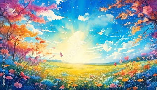 朝日に照らされた春の花畑、ファンタジー風の輝く草原、色とりどりの花に囲まれた光の風景、青空に広がる幻想的な野原、蝶が舞う明るい自然の風景、絵本のような春の光景、空と花がつながる優しい世界、輝く太陽と彩り豊かな草花、夢の中のような自然のイラスト、希望に満ちた自然の光景
