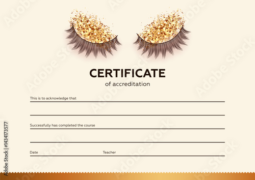 Diploma eyelash extensions with realistic 3d woman eyes and lashes. Makeup certificate design template. Beauty school or refresher courses for beautician. Vector illustration