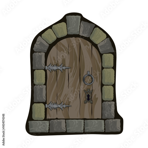 Old medieval wooden door with handle, stone arch, a keyhole and forged hinges