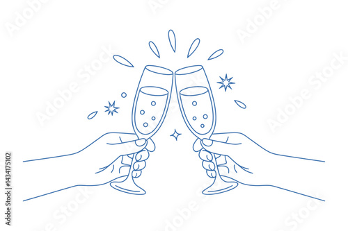 Blue Line Art Of Hands Toasting With Champagne For Celebration And Special Occasions Minimalist Illustration