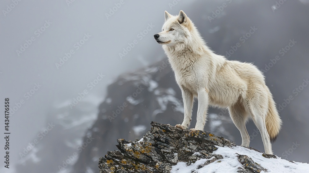 Obraz premium Majestic white wolf atop a snowy mountain peak