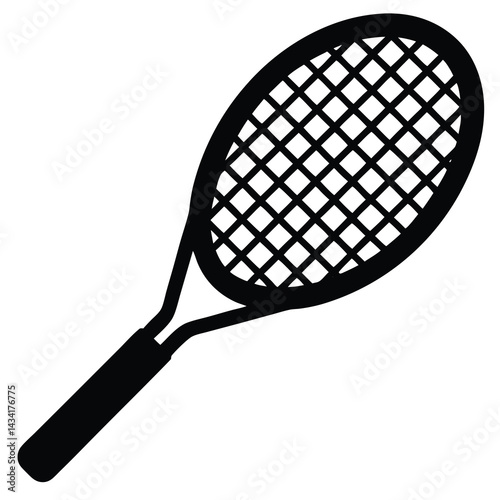 black and white graphic illustration of a tennis racket
