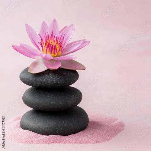 Serene pink lotus blossom atop balanced black stones on pink sand evoking tranquility and wellness in a zen garden setting with soft light and calming atmosphere