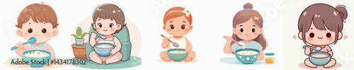Vector collection of a cute little Baby girl eating porridge in a bowl with a spoon