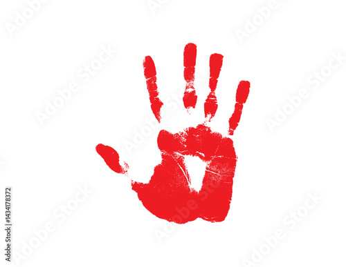 Red hand prints on a transparent background, human palm and fingers isolated on a white background	
