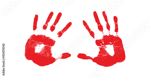 Red hand prints on a transparent background, human palm and fingers isolated on a white background	
