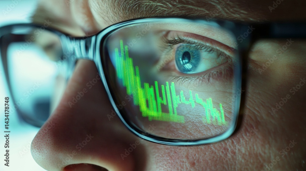 reflection of stock market charts in a man's glasses