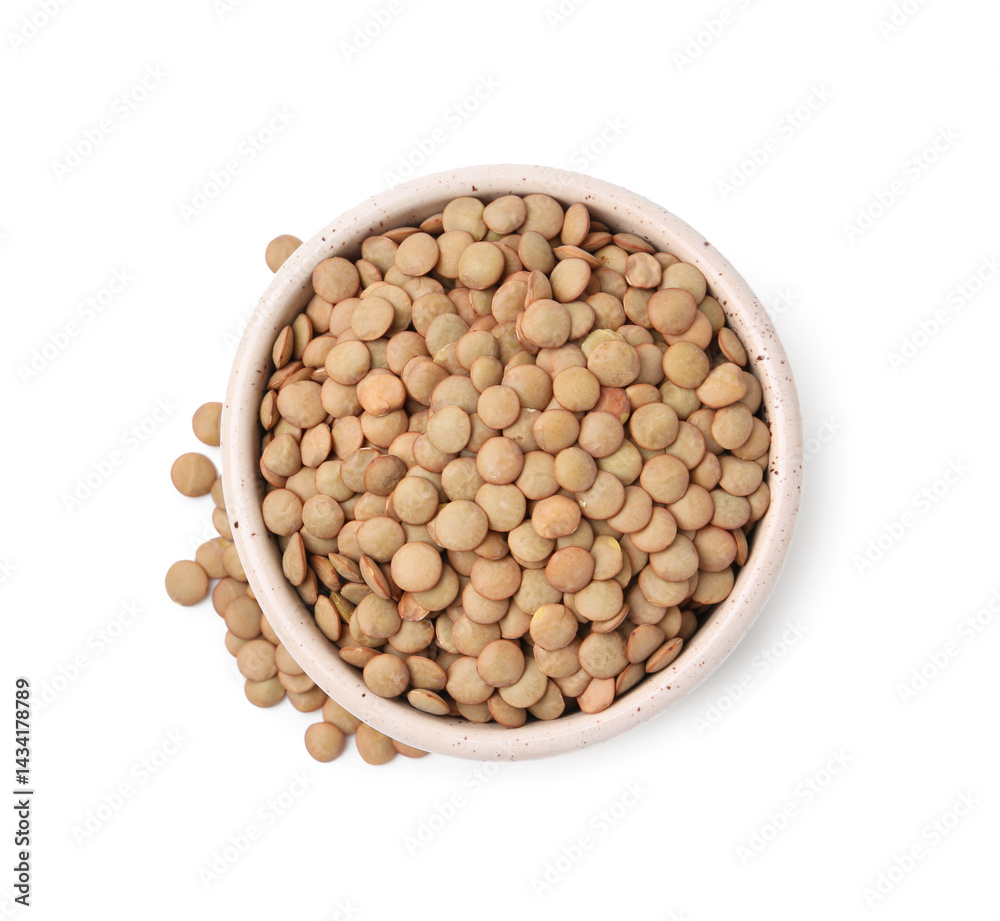 Brown lentils in bowl isolated on white, top view Brown lentils in bowl isolated on white, top view