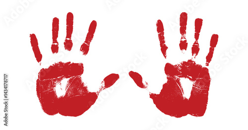 Red hand prints on a transparent background, human palm and fingers isolated on a white background	

