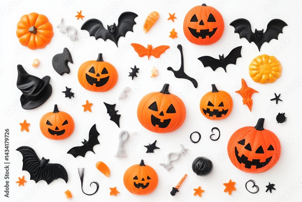 Halloween Decor Items Isolated on White Background, Spooky Seasonal Ornaments. Halloween Decor Items Isolated on White Background, Spooky Seasonal Ornaments.