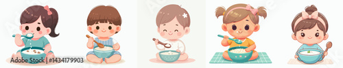 Vector collection of a cute little Baby girl eating porridge in a bowl with a spoon
