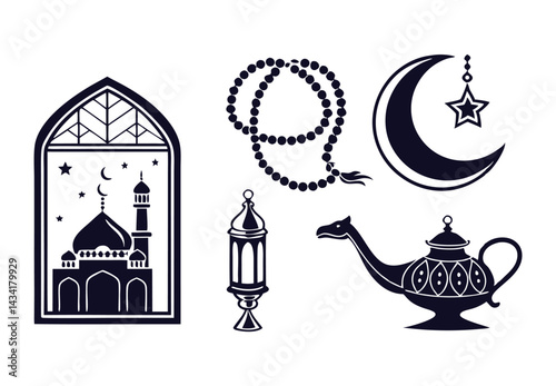 Eid Mubarak Icon Set with Mosque and Crescent Moon