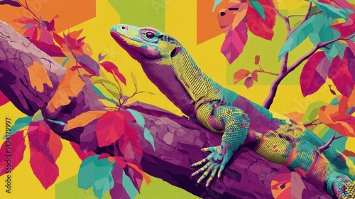 Vibrant lizard on a colorful branch.