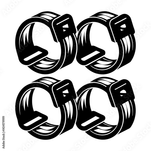 Four black industrial hose clamps arranged in a graphic square layout