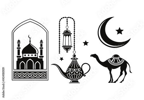 Eid Mubarak Icon Set with Mosque and Crescent Moon