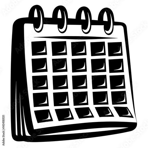 Stylized black and white calendar icon with flip pages for organization