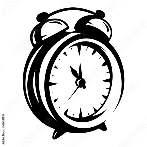 Stylized black and white graphic illustration of an old fashioned alarm clock