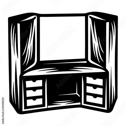 Symmetrical Black and White Vanity Illustration with Drawers and Curtained Sides
