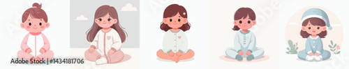 Vector collection of a baby girl sitting pose happily wearing a nightgown