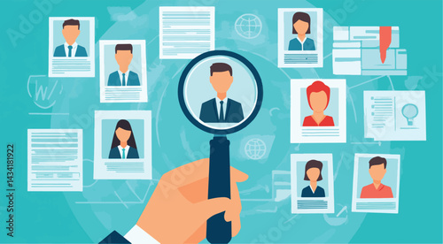 vector Finding The Right Candidate: Magnifying Glass Over Profile Picture