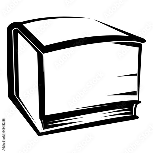 Stylized black and white drawing of a closed hardcover book isolated
