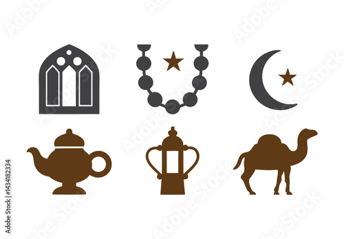 Eid Mubarak Icon Set with Mosque and Crescent Moon